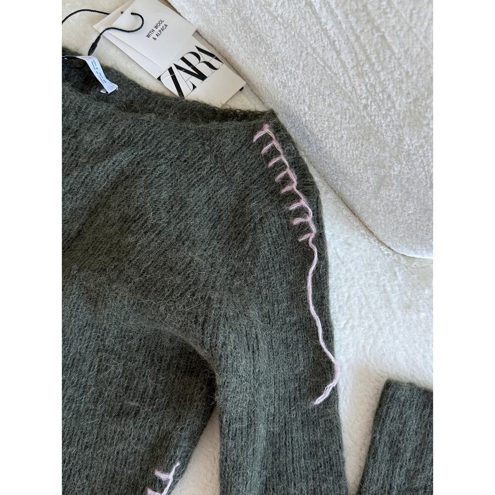 Zara Wool Alpaca Green Pink Stitch Cropped Sweater - Picture 3 of 4